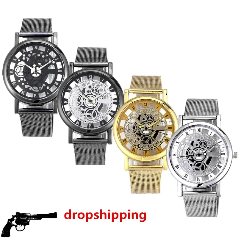 Fashion watch men Skeleton Watch Men Stainless Steel Mesh Band Quartz Wristwatch Clock Relojes Mujer Reloj Hombre dropshipping