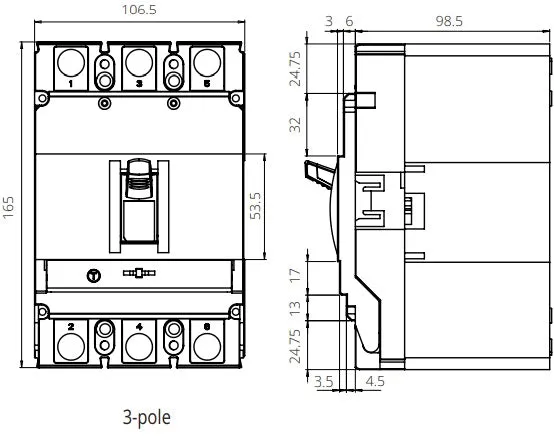 FGM6SM-3P-250H 160A,  3 Pole Moulded Case Circuit Breaker (MCCB) Thermal and Magnetic, Adjustable Type ICS=50kA 160 Amp, 400/690VAC