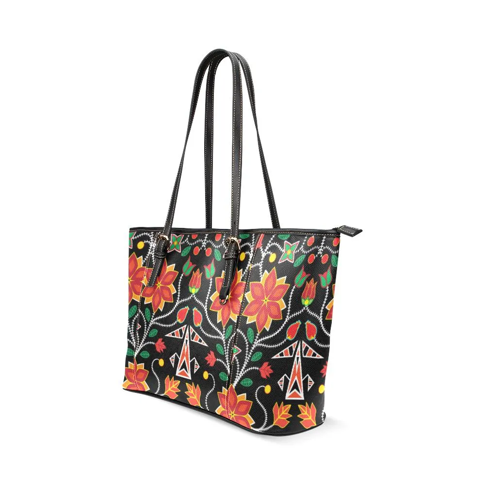 Floral Beadwork Six Bands Leather Tote Bag/Large