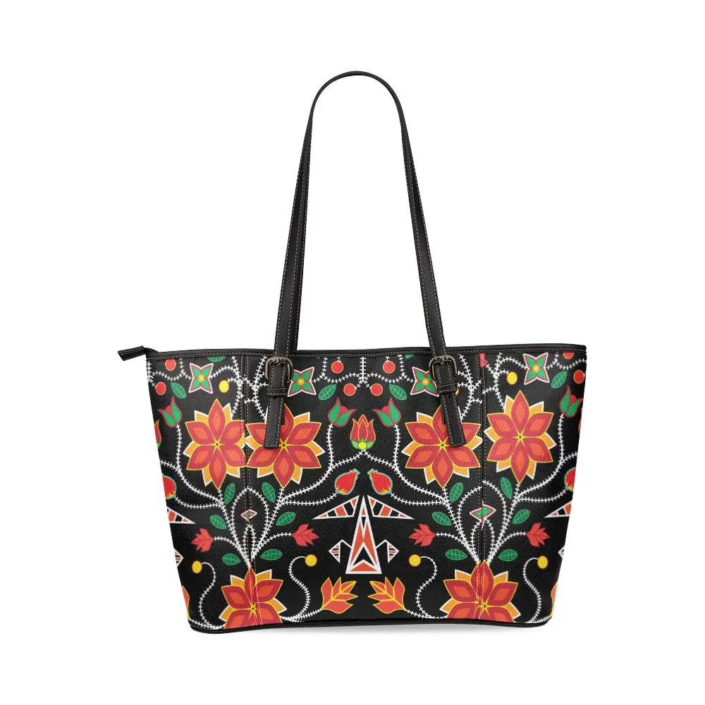 Floral Beadwork Six Bands Leather Tote Bag/Large