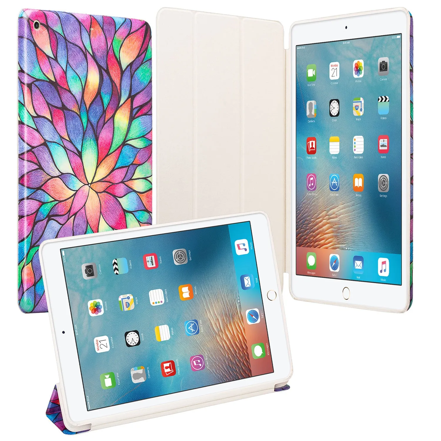 For Apple iPad 9.7 Inch 2017 - Premium PU Leather Folio Smart Cover w/Auto Sleep/Wake for iPad 9.7 In 2017 Release - Rainbow Flower