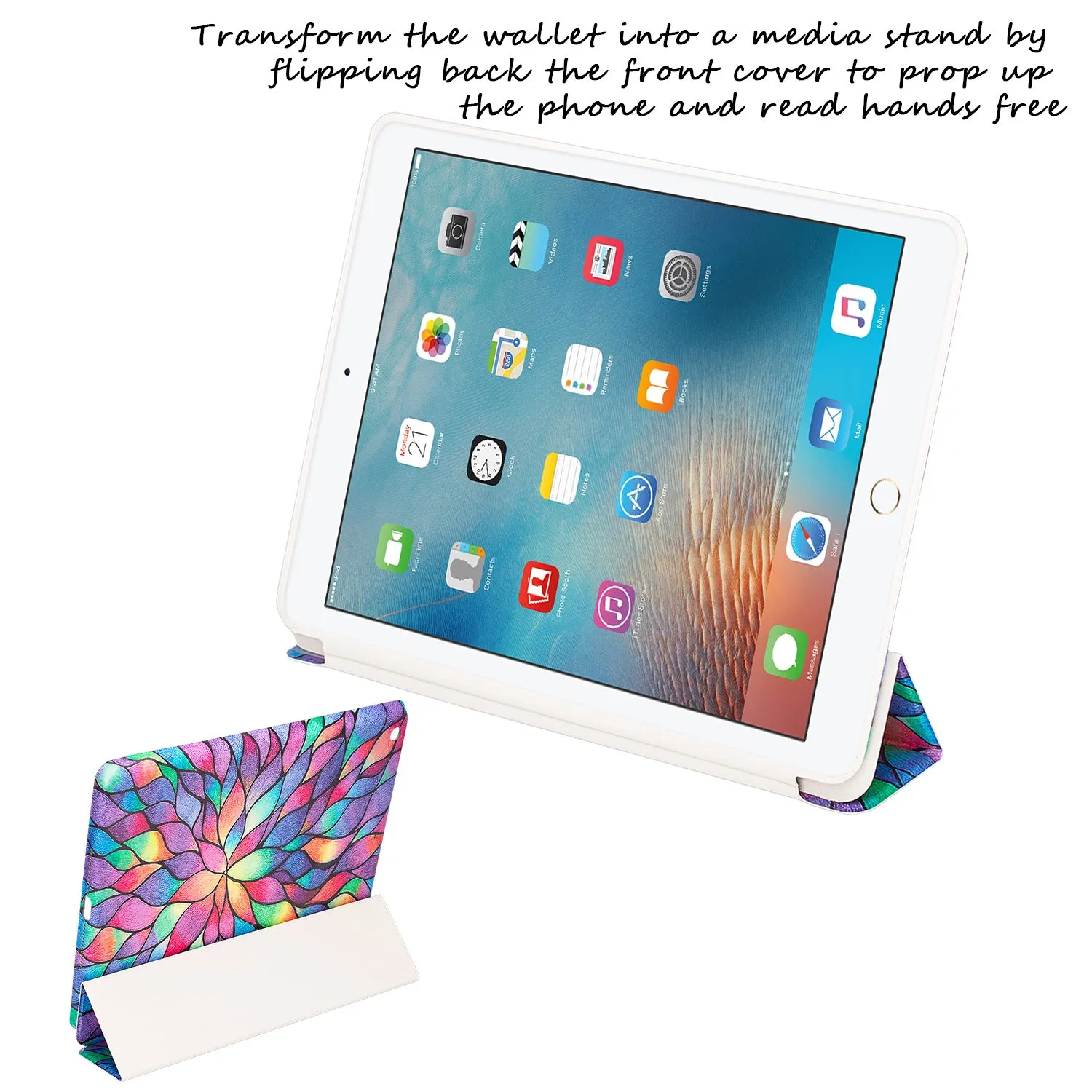 For Apple iPad 9.7 Inch 2017 - Premium PU Leather Folio Smart Cover w/Auto Sleep/Wake for iPad 9.7 In 2017 Release - Rainbow Flower