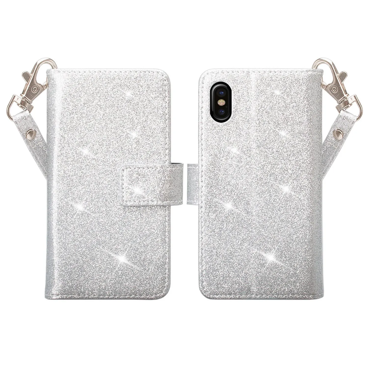 For Apple iPhone X | iPhone 10, Ten, [Wrist Strap] Glitter Faux Leather Flip [Kickstand Feature] Protective Wallet Case Clutch - Silver