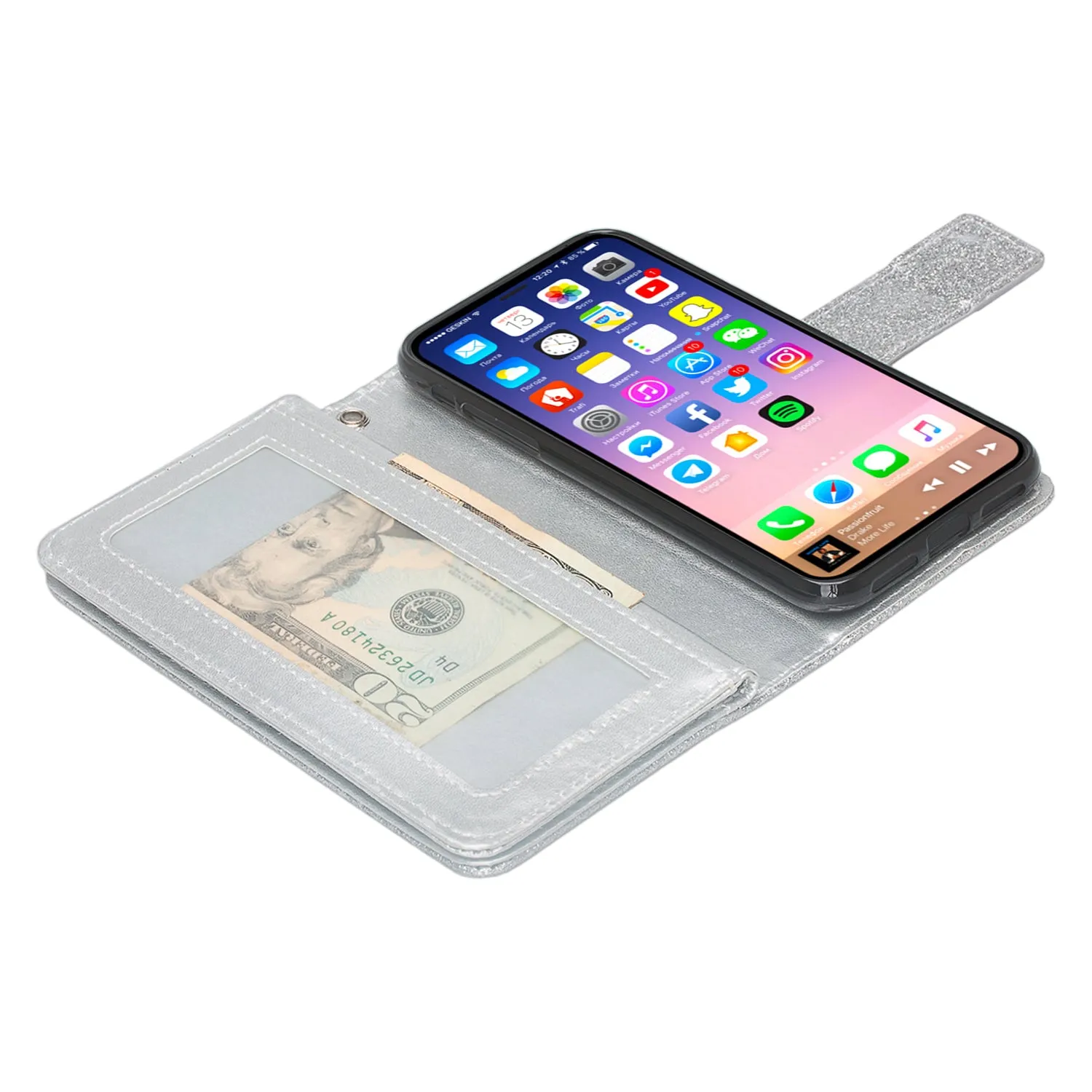 For Apple iPhone X | iPhone 10, Ten, [Wrist Strap] Glitter Faux Leather Flip [Kickstand Feature] Protective Wallet Case Clutch - Silver