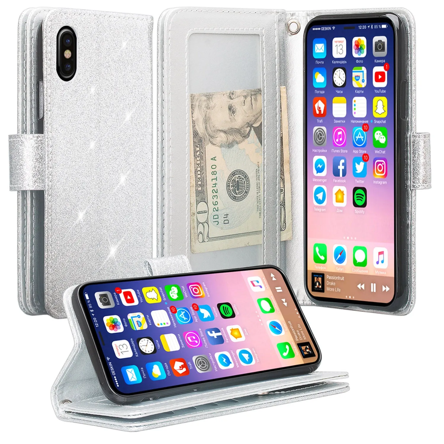 For Apple iPhone X | iPhone 10, Ten, [Wrist Strap] Glitter Faux Leather Flip [Kickstand Feature] Protective Wallet Case Clutch - Silver