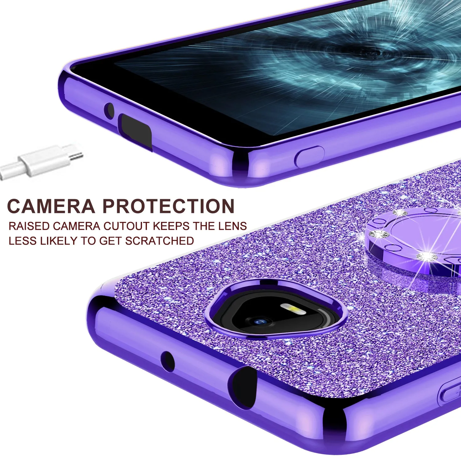 For Boost Schok Volt SV55 Case, Glitter Cute Phone Case Girls with Kickstand,Bling Diamond Rhinestone Bumper Ring Stand Sparkly Luxury Clear Thin Soft Protective Boost Schok Volt SV55 Case for Girl Women - Purple