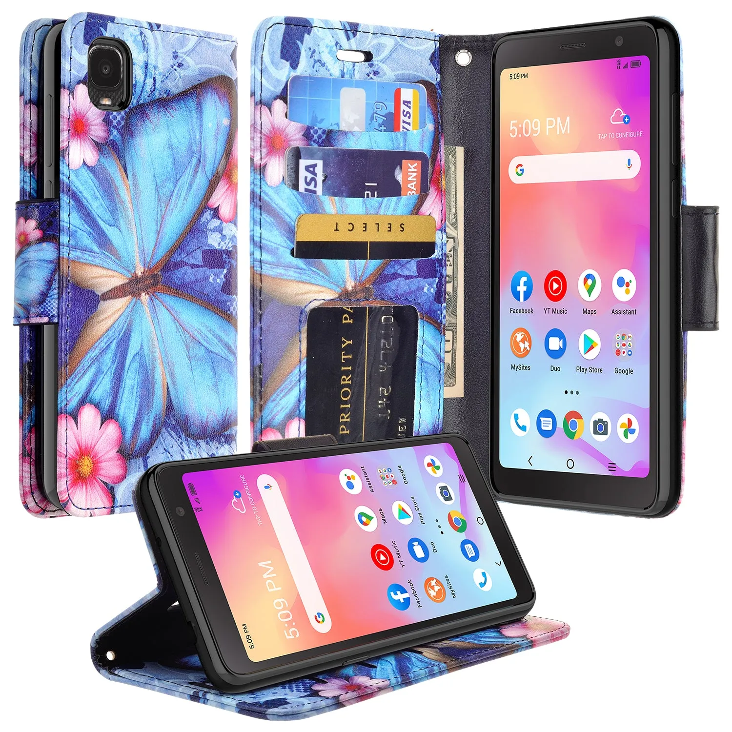 For TCL A3 Case, TCL A3 Wallet Case, Wrist Strap Pu Leather Wallet Case [Kickstand] with ID & Credit Card Slots - Blue Butterfly