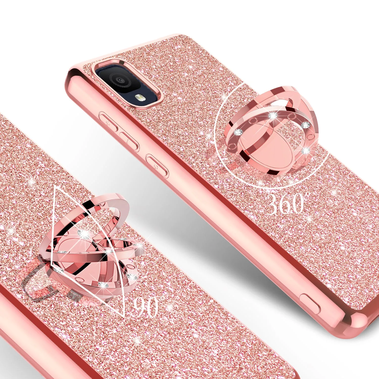 For TCL Ion Z Case, Glitter Cute Phone Case Girls with Kickstand,Bling Diamond Rhinestone Bumper Ring Stand Sparkly Luxury Clear Thin Soft Protective TCL Ion Z Case for Girl Women - Rose Gold