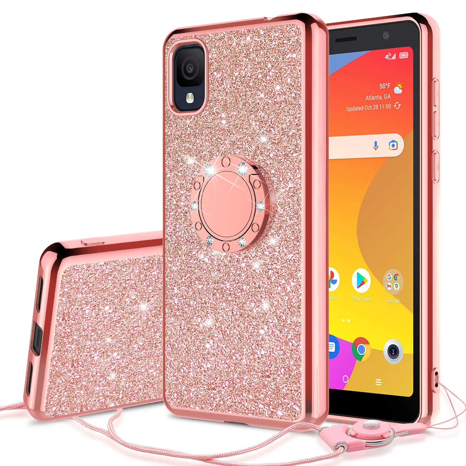 For TCL Ion Z Case, Glitter Cute Phone Case Girls with Kickstand,Bling Diamond Rhinestone Bumper Ring Stand Sparkly Luxury Clear Thin Soft Protective TCL Ion Z Case for Girl Women - Rose Gold