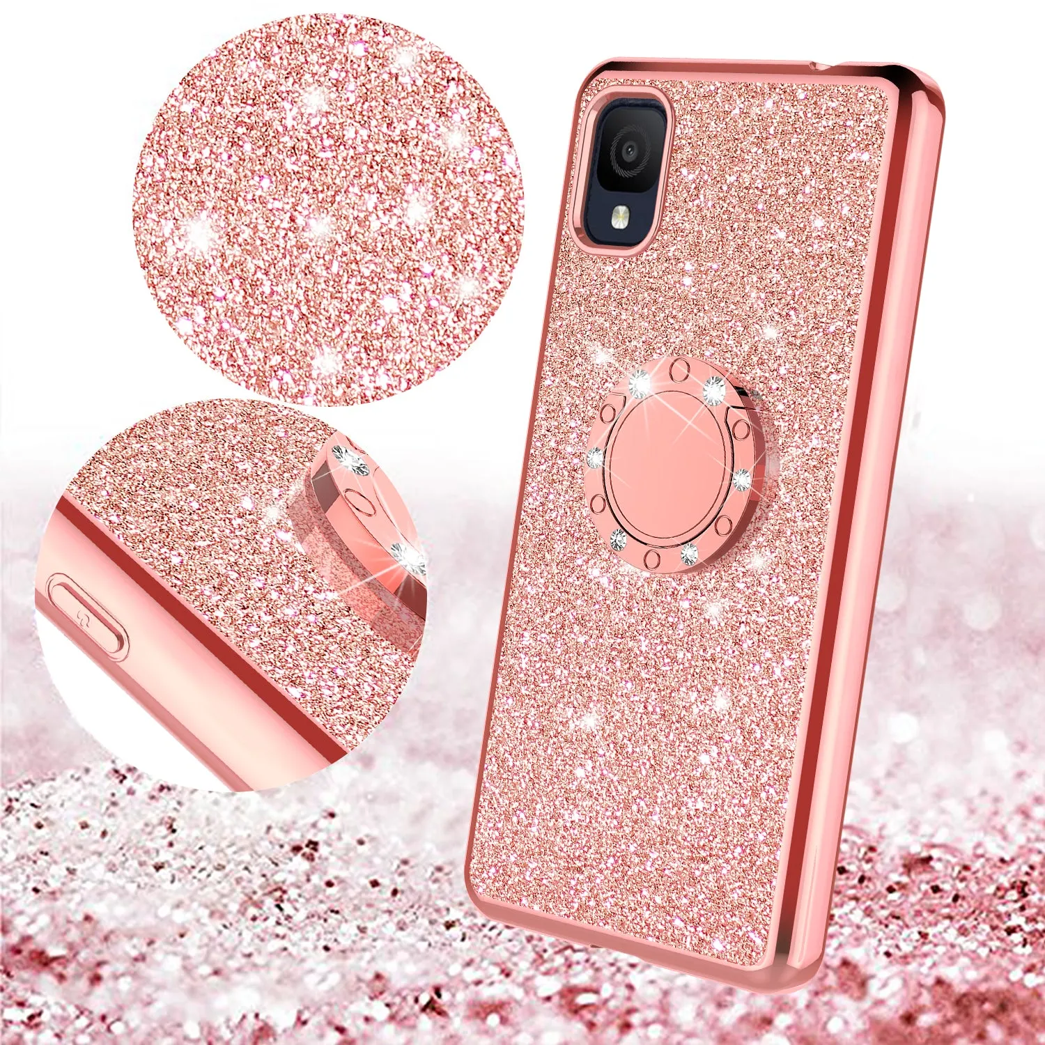 For TCL Ion Z Case, Glitter Cute Phone Case Girls with Kickstand,Bling Diamond Rhinestone Bumper Ring Stand Sparkly Luxury Clear Thin Soft Protective TCL Ion Z Case for Girl Women - Rose Gold