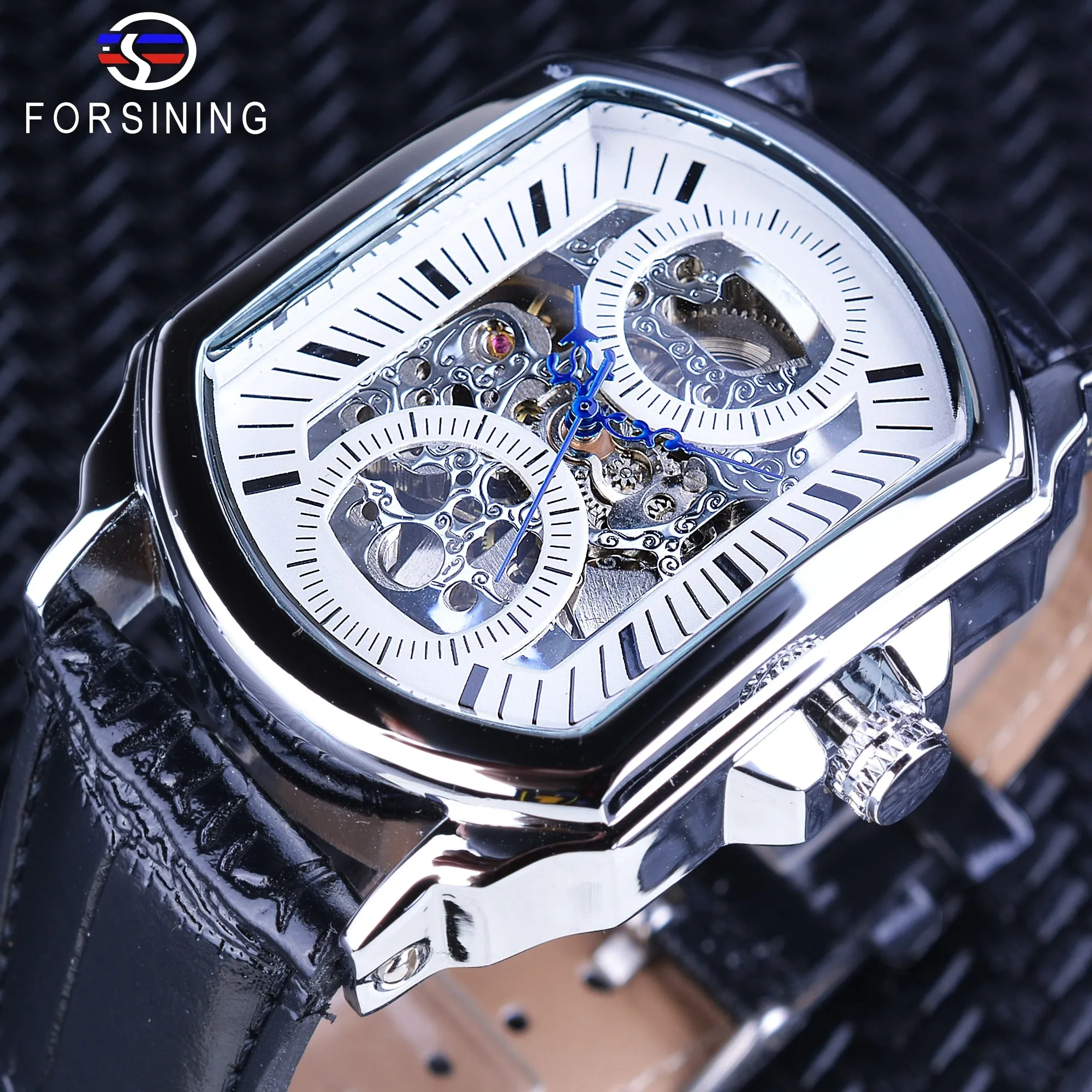 Forsining Retro Classic White Dial Blue Hands Openwork Automatic Skeleton Mechanical Watch