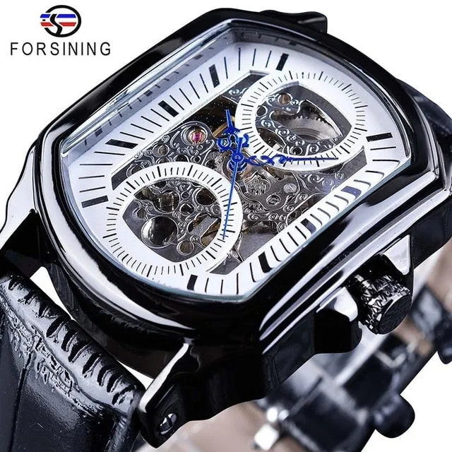 Forsining Retro Classic White Dial Blue Hands Openwork Automatic Skeleton Mechanical Watch