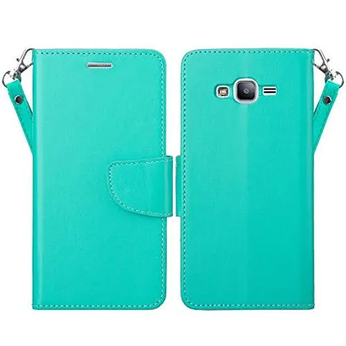 Galaxy J7 Case, Magnetic Flip Folio [Kickstand Feature] Pu Leather Wrist Strap Wallet Case with ID & Card Slots for Samsung Galaxy J7 - Teal