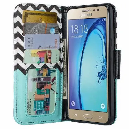 Galaxy J7 Case, Samsung Galaxy J7 Wallet Case, Wrist Strap Flip Folio [Kickstand Feature] Pu Leather Wallet Case with ID&Credit Card Slot For Galaxy J7, Teal Chevron Anchor