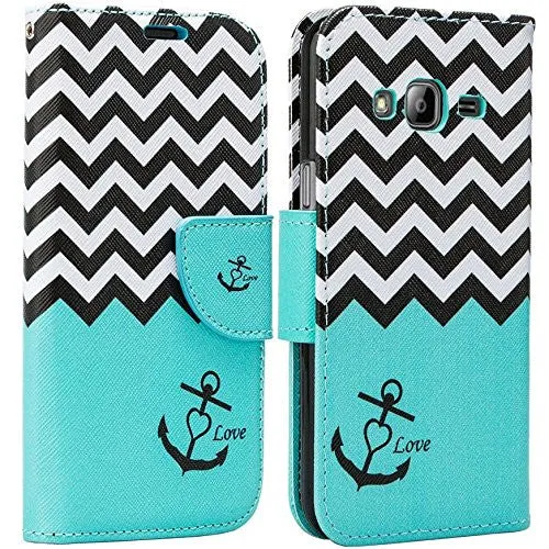 Galaxy J7 Case, Samsung Galaxy J7 Wallet Case, Wrist Strap Flip Folio [Kickstand Feature] Pu Leather Wallet Case with ID&Credit Card Slot For Galaxy J7, Teal Chevron Anchor