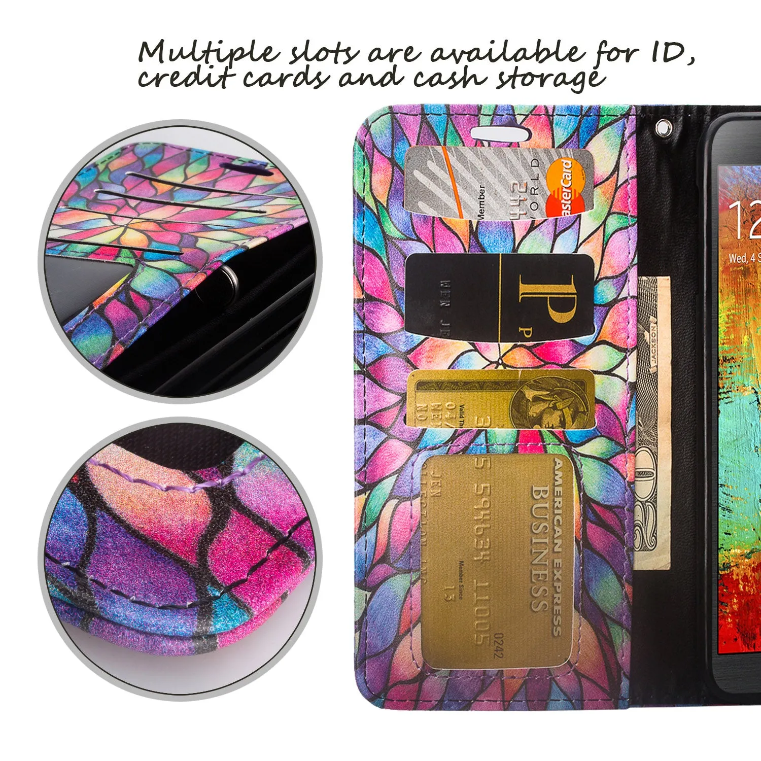 Galaxy Note 3 Case, Wrist Strap Pu Leather Magnetic Fold[Kickstand] Wallet Case with ID & Card Slots for Samsung Galaxy Note 3 - Rainbow Flower