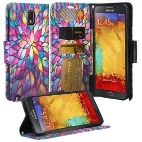 Galaxy Note 3 Case, Wrist Strap Pu Leather Magnetic Fold[Kickstand] Wallet Case with ID & Card Slots for Samsung Galaxy Note 3 - Rainbow Flower