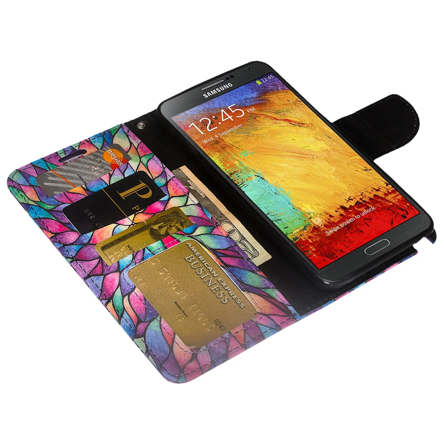 Galaxy Note 3 Case, Wrist Strap Pu Leather Magnetic Fold[Kickstand] Wallet Case with ID & Card Slots for Samsung Galaxy Note 3 - Rainbow Flower