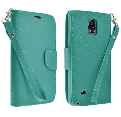 Galaxy Note 4 Case, Wrist Strap Magnetic Fold[Kickstand] Pu Leather Wallet Case with ID & Credit Card Slots for Samsung Galaxy Note 4 - Teal