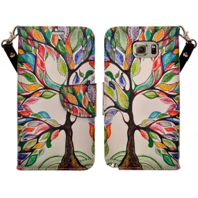 Galaxy Note 5 Case, Wrist Strap Magnetic Fold[Kickstand] Pu Leather Wallet Case with ID & Credit Card Slots for Samsung Galaxy Note 5 - Colorful Tree