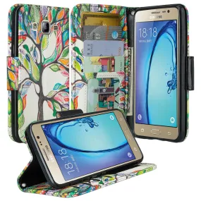 Galaxy On5 Case, Samsung Galaxy On5 Wallet Case, Wrist Strap Flip Folio[Kickstand Feature] Pu Leather Wallet Case with ID & Credit Card Slots For Galaxy On5 - Vibrant Tree