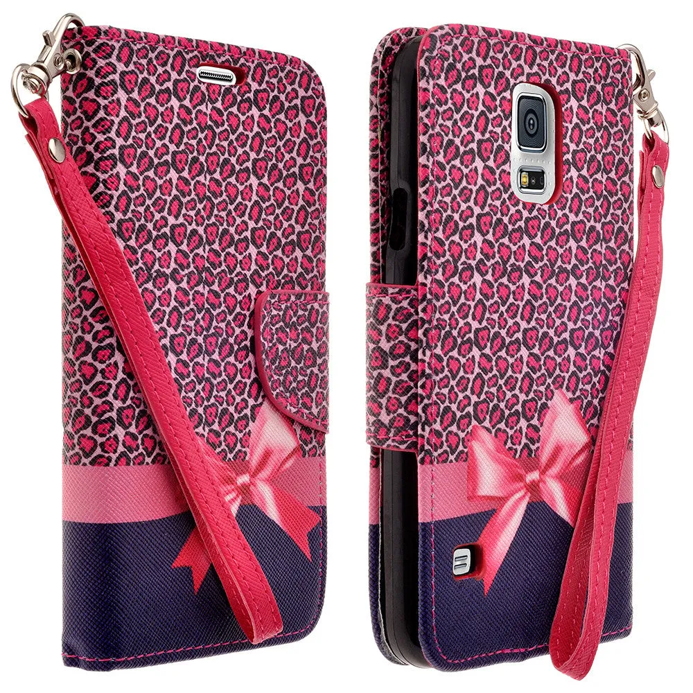 Galaxy S5 Case, Wrist Strap Pu Leather Magnetic Fold[Kickstand] Wallet Case with ID & Card Slots for Samsung Galaxy S5 - Cheetah Prints