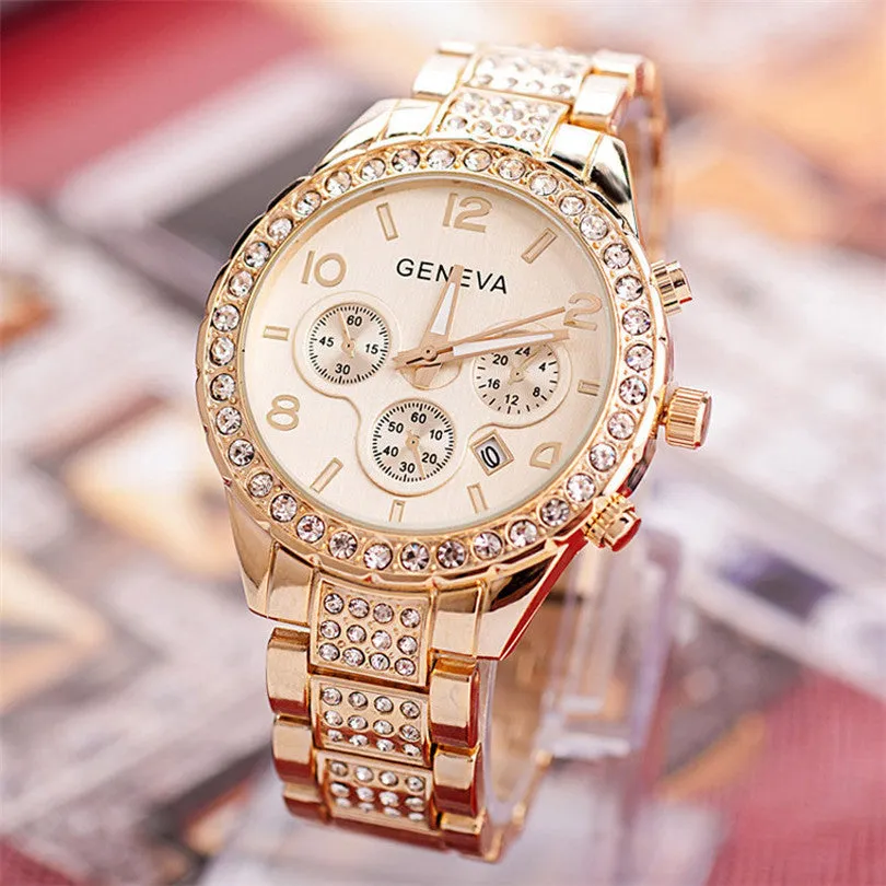 Geneva diamond calendar watch women fashion watch business casual ladies quartz tide watch fake three-eyed watch