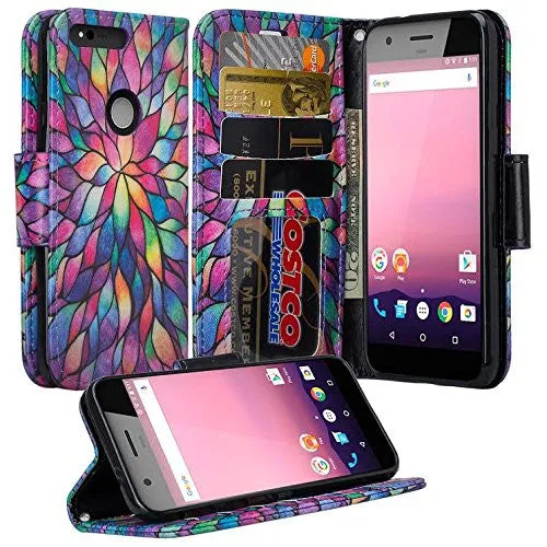 Google Pixel Case, Pu Leather Magnetic Fold[Kickstand] Wallet Case with ID & Card Slots for Google Pixel - Rainbow Flower