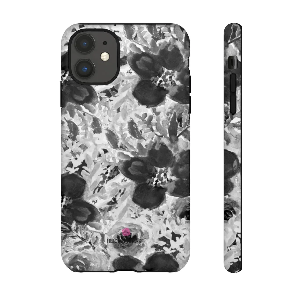 Grey Floral Designer Tough Cases, Rose Flower Print Best iPhone Samsung Case-Made in USA