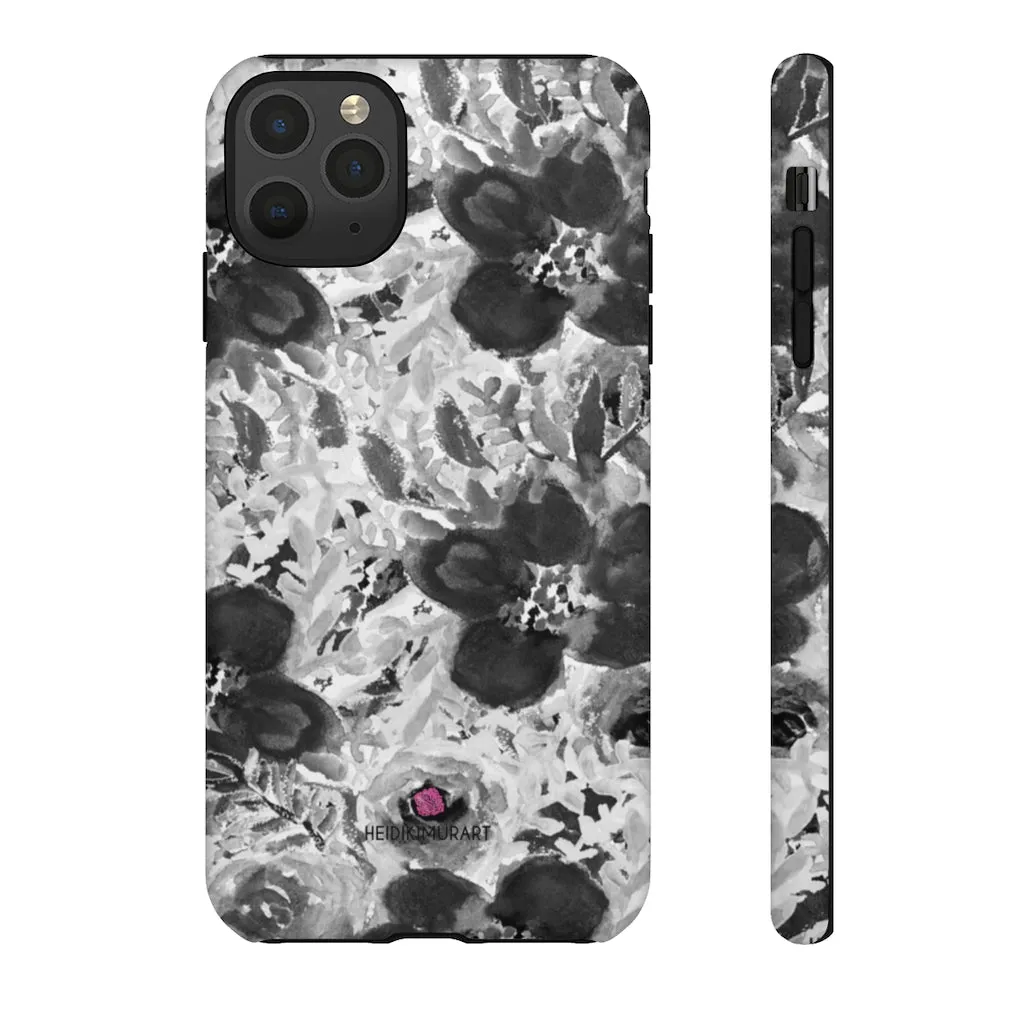 Grey Floral Designer Tough Cases, Rose Flower Print Best iPhone Samsung Case-Made in USA