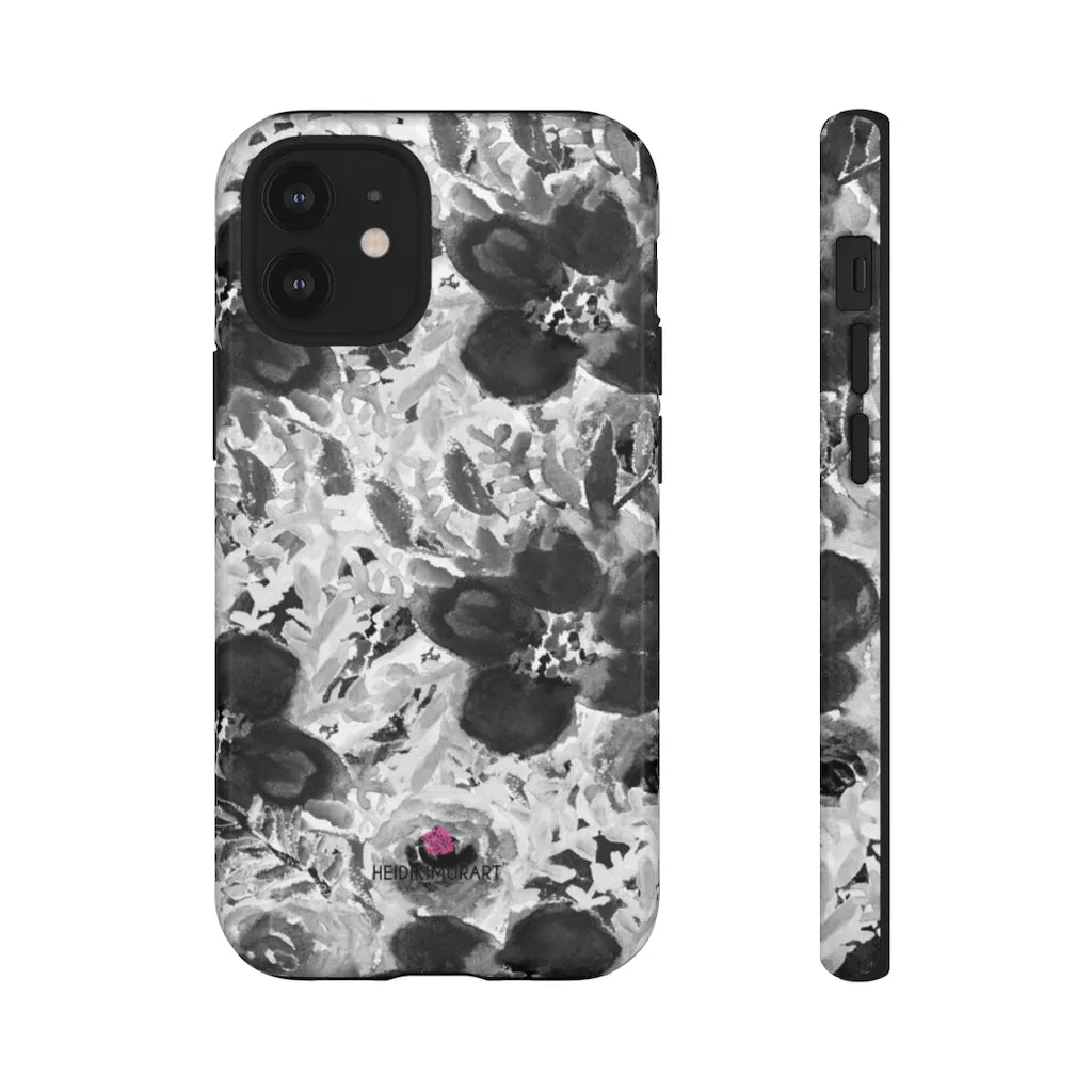 Grey Floral Designer Tough Cases, Rose Flower Print Best iPhone Samsung Case-Made in USA