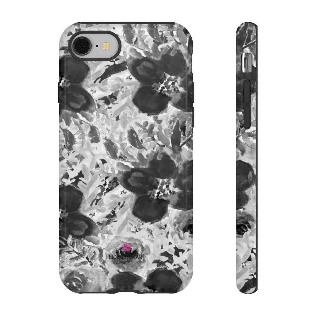 Grey Floral Designer Tough Cases, Rose Flower Print Best iPhone Samsung Case-Made in USA