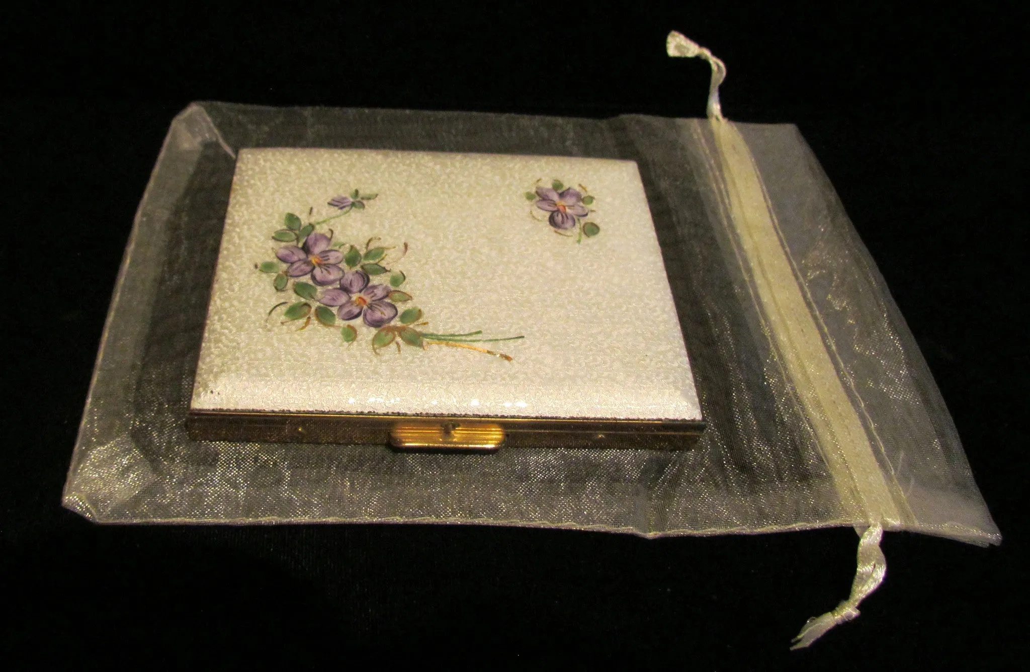 Guilloche Cigarette Case 1940's Violet Floral Gold Business Card Holder Credit Card Case