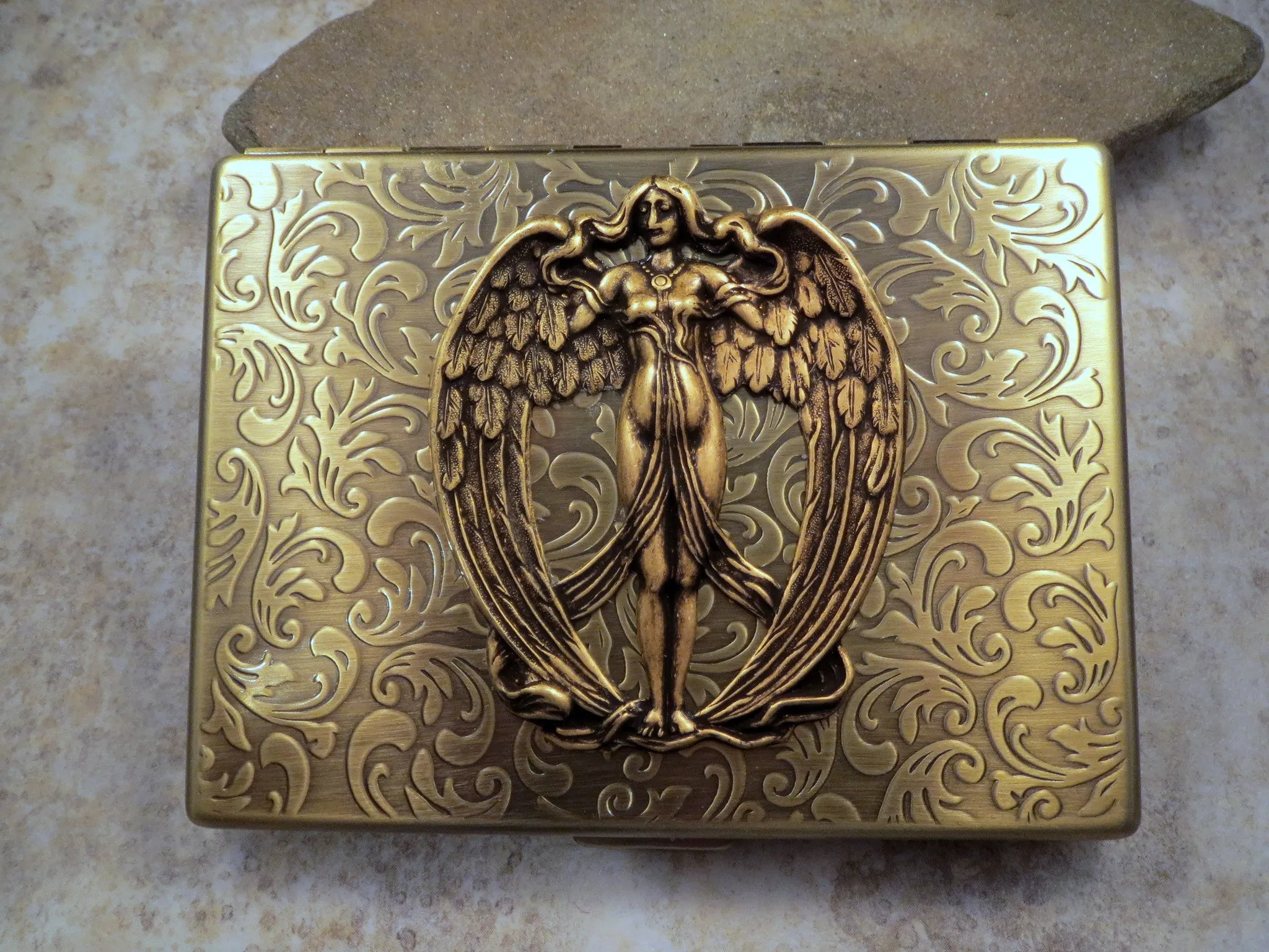 Handmade Antique Bronze Victorian Angel Cigarette Case