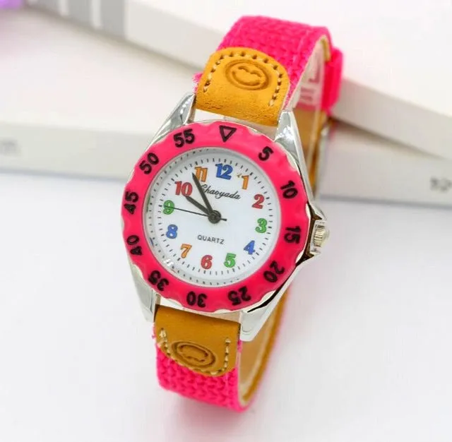 High Quality Blue Boy Black Watch Girl Kids Children's Gift Fabric Strap Learn Time Tutor Student Wristwatch 1486