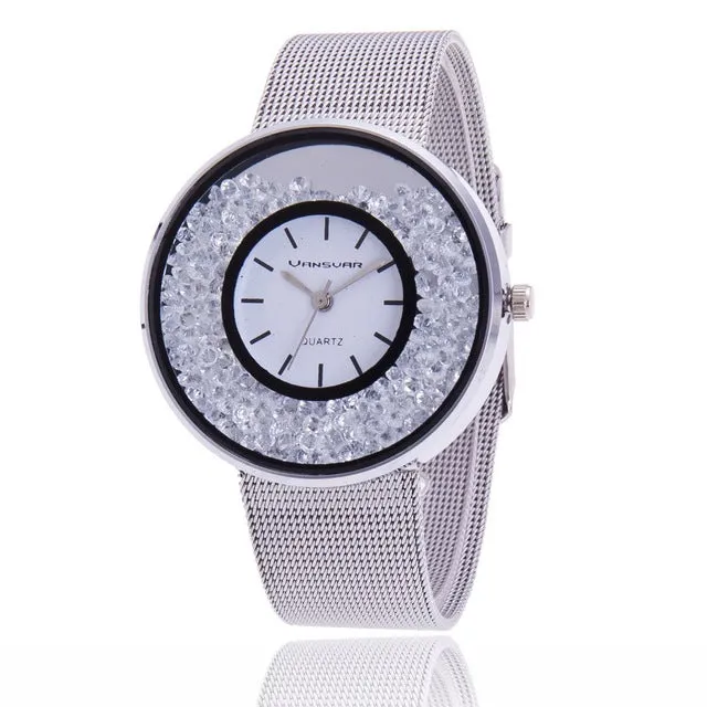 Hot Fashion Stainless Steel Rose Gold & Silver Wrist Wtach Luxury Women Rhinestone Watches Quartz Watch BW1900