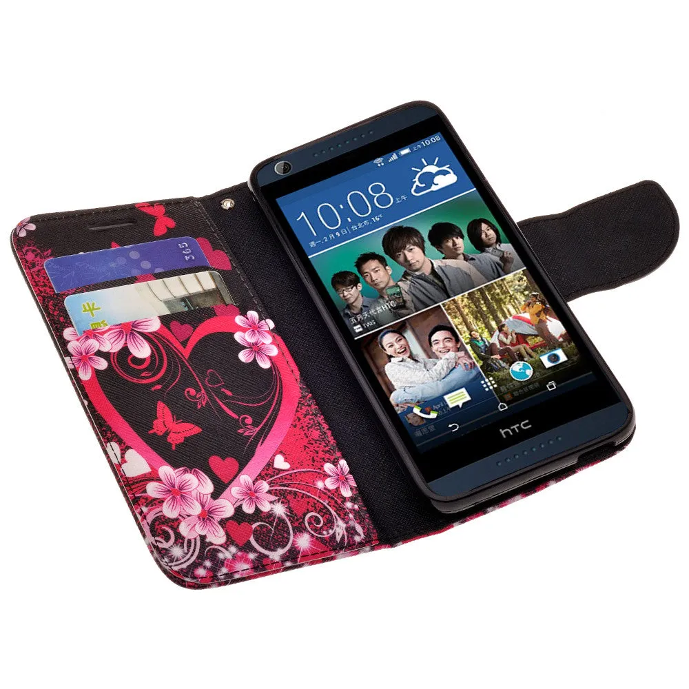 HTC Desire 626 Wallet Case, Wrist Strap Flip [Kickstand] Pu Leather Wallet Case with ID&Credit Card Slot For Desire 626, Hot Pink Hearts