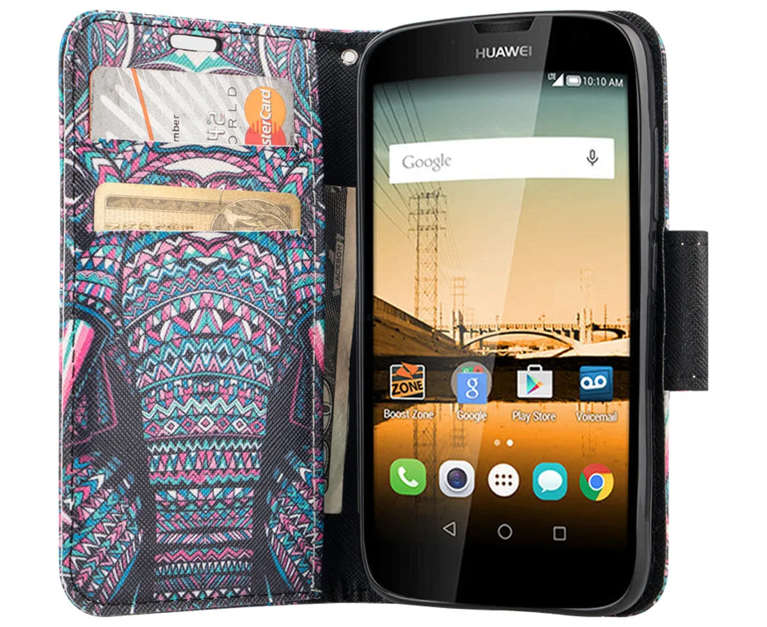 Huawei Union | Y538 Case, Wrist Strap Magnetic Flip Fold[Kickstand] Pu Leather Wallet Case with ID & Card Slots - Tribal Elephant