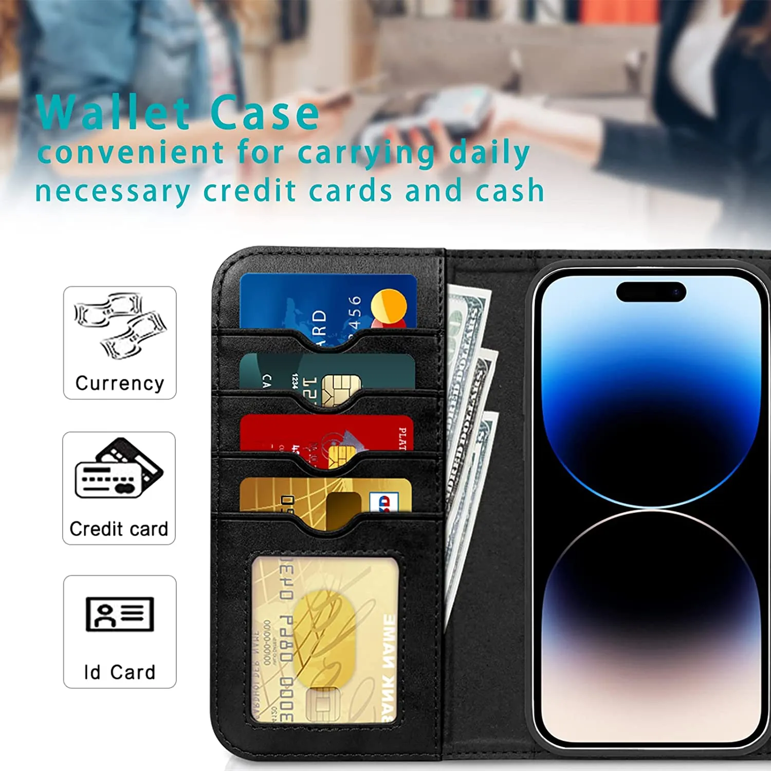 iPhone 14 Pro Max 6.7 Case Magnetic Detachable Wallet Phone Case Black