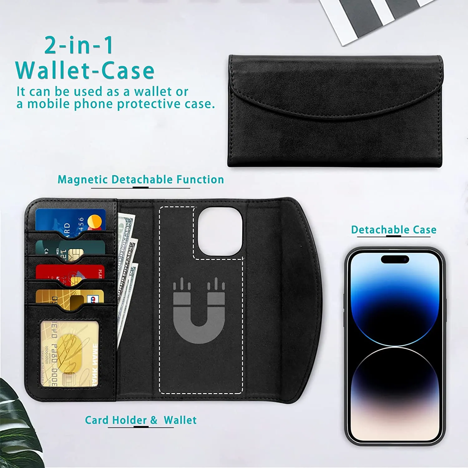 iPhone 14 Pro Max 6.7 Case Magnetic Detachable Wallet Phone Case Black