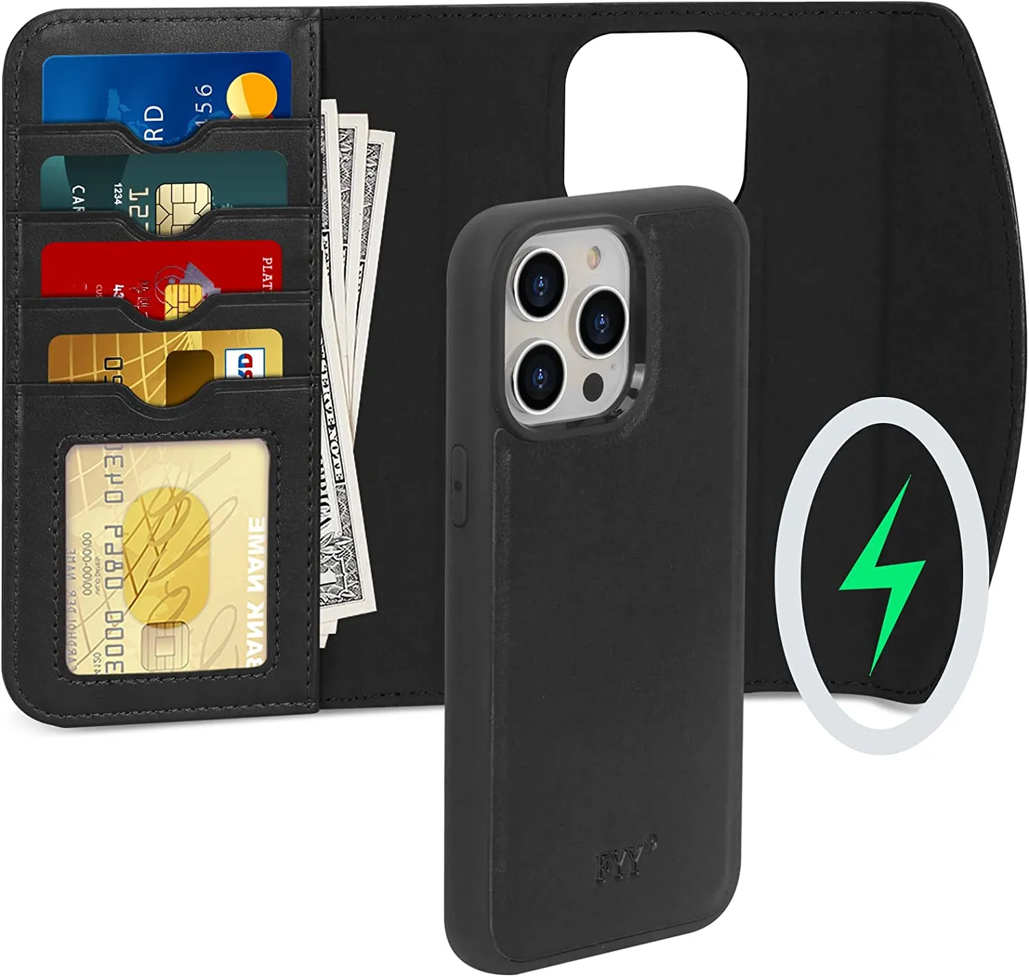 iPhone 14 Pro Max 6.7 Case Magnetic Detachable Wallet Phone Case Black