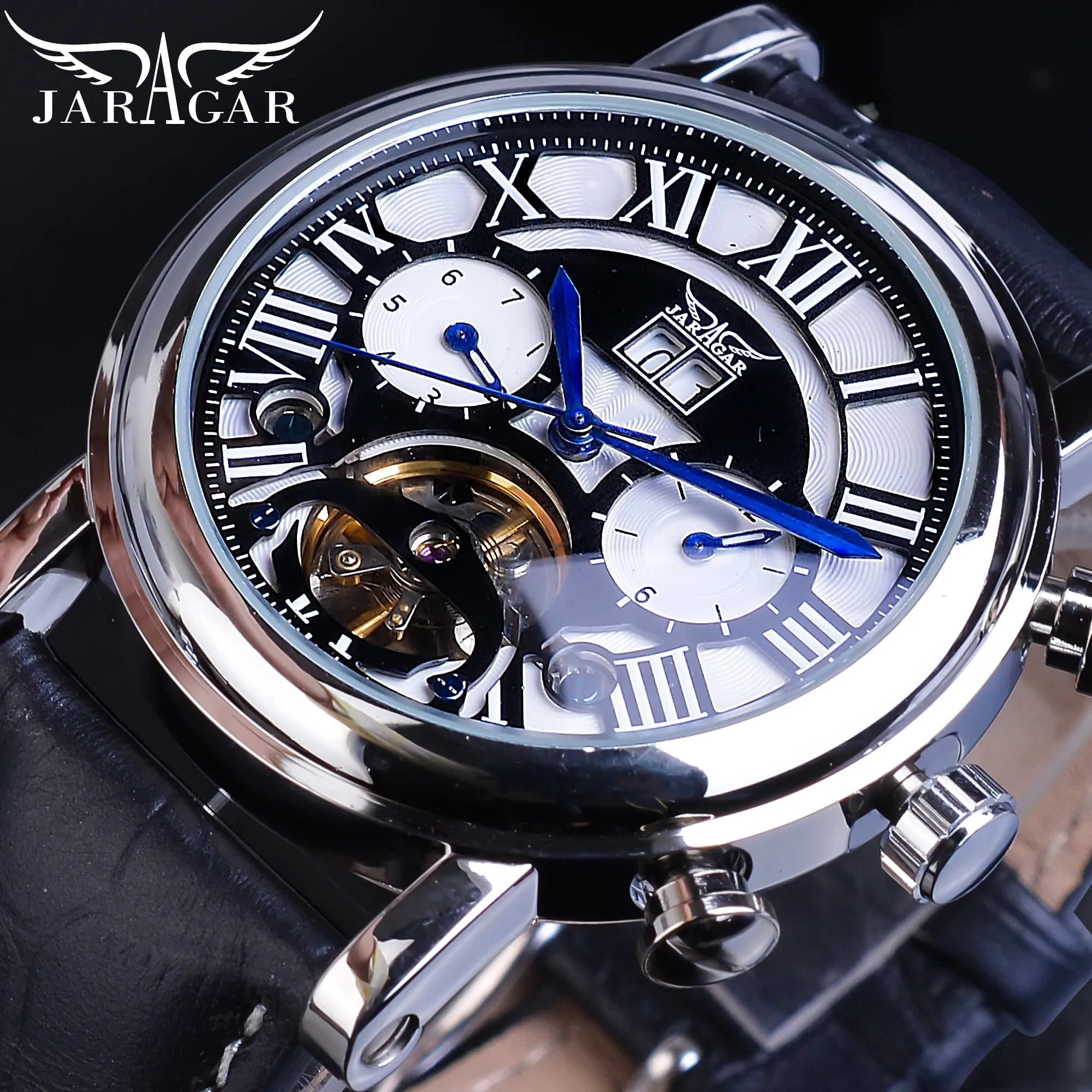 Jaragar Automatic Mechanical Watch Mens Genuine Leather Calendar Display Roman Tourbillion Watch