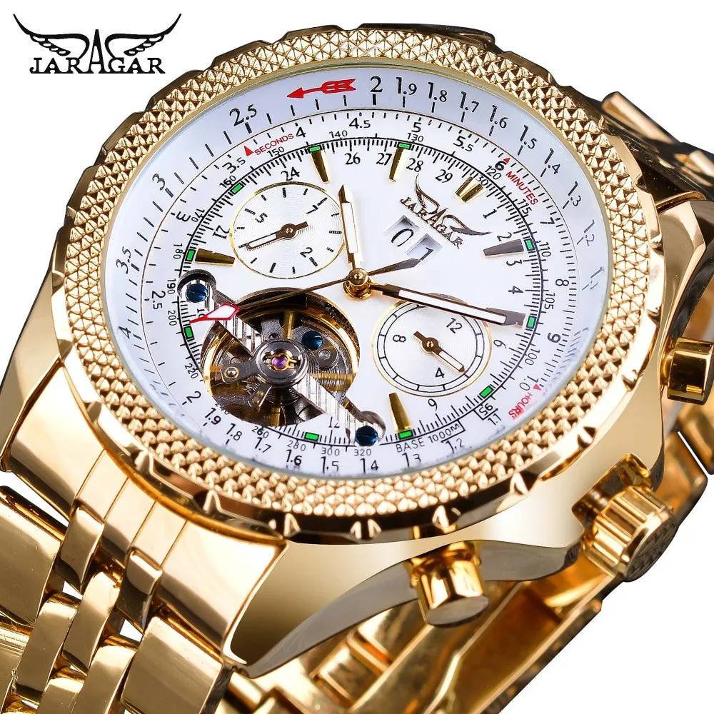 Jaragar Golden Stainless Steel Tourbillion Design Calendar Display Watch