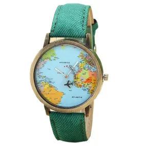 JECKSION Women Dress Watches,Fashion Global Travel By Plane Map Denim Fabric Band Watch Women  7Colors Free Shipping #LSIN