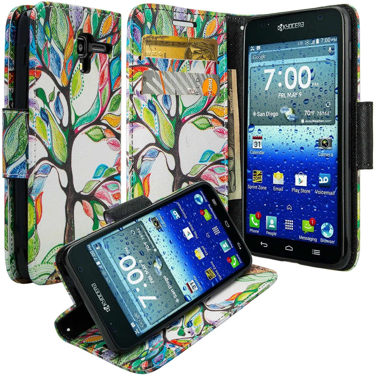 Kyocera Hydro View Wallet Case, Wrist Strap Pu Leather Magnetic Flip Fold[Kickstand] with ID & Card Slots for Kyocera Hydro View - Colorful Tree