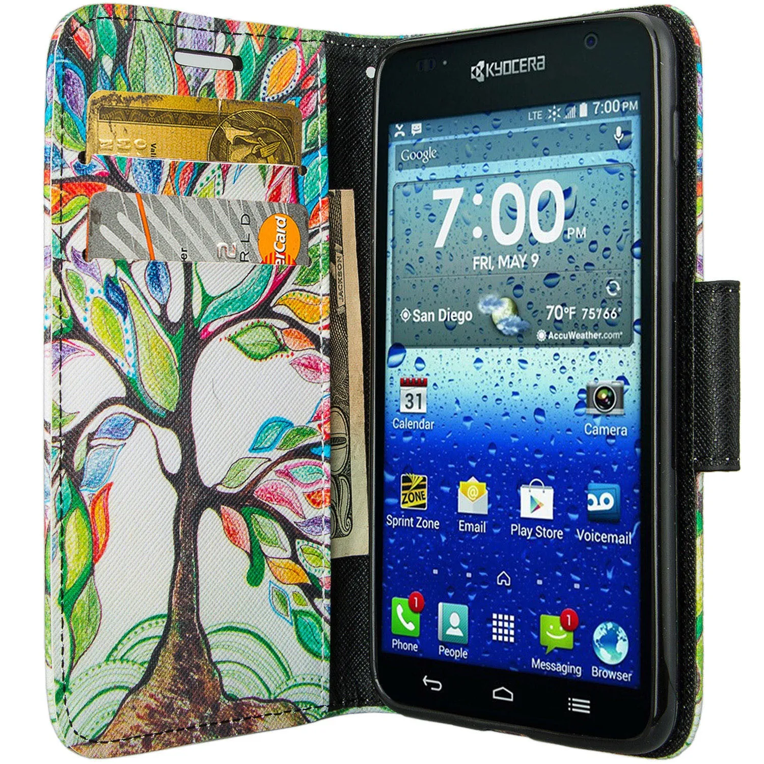 Kyocera Hydro View Wallet Case, Wrist Strap Pu Leather Magnetic Flip Fold[Kickstand] with ID & Card Slots for Kyocera Hydro View - Colorful Tree