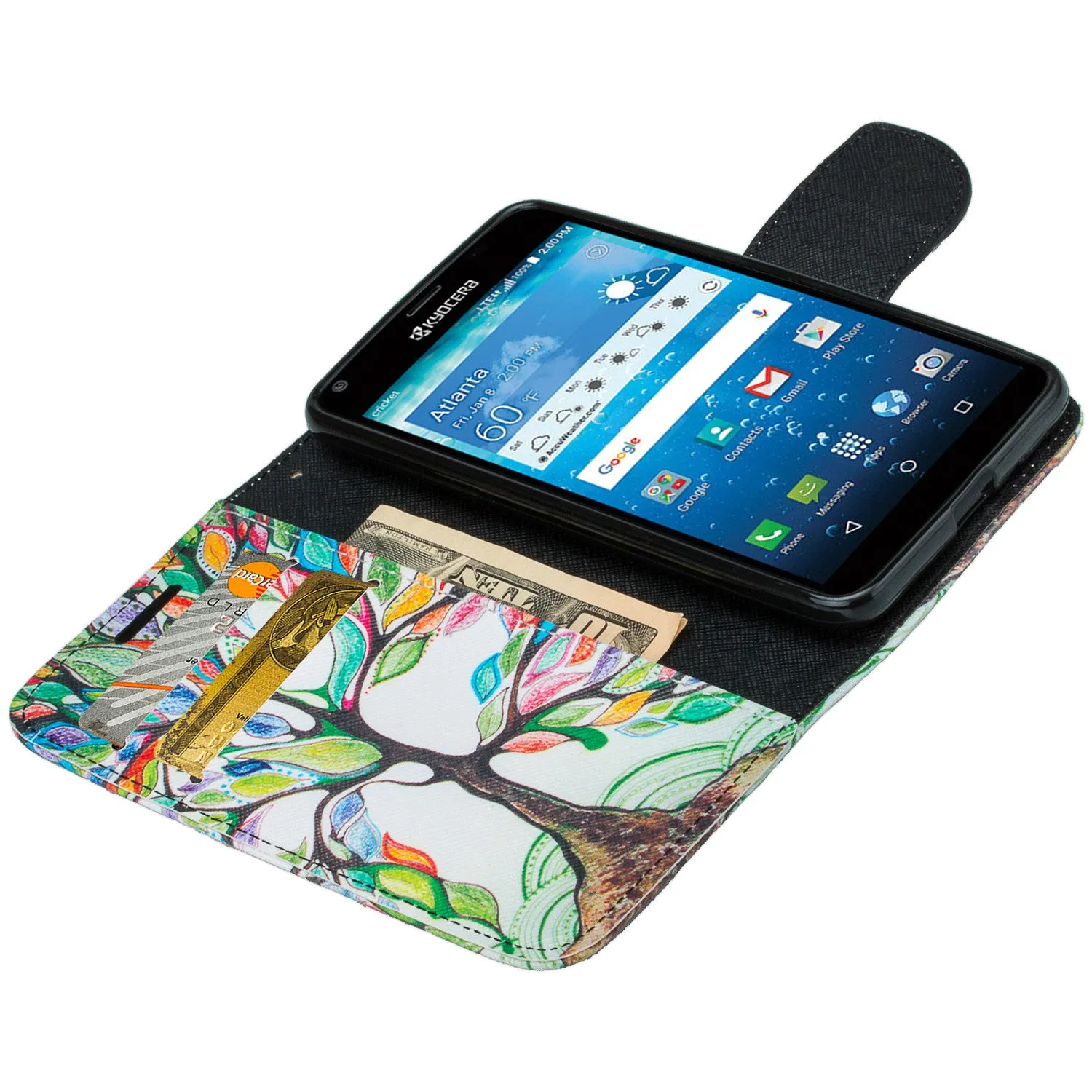 Kyocera Hydro View Wallet Case, Wrist Strap Pu Leather Magnetic Flip Fold[Kickstand] with ID & Card Slots for Kyocera Hydro View - Colorful Tree