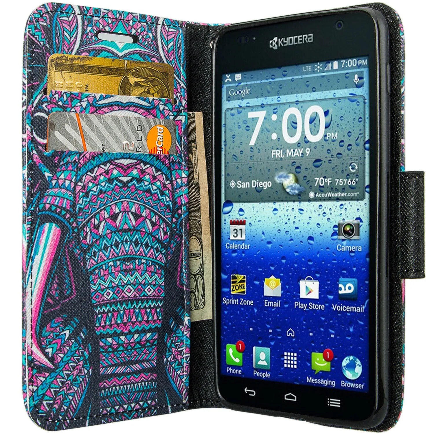 Kyocera Hydro View Wallet Case, Wrist Strap Pu Leather Magnetic Flip Fold[Kickstand] with ID & Card Slots for Kyocera Hydro View - Tribal Elephant