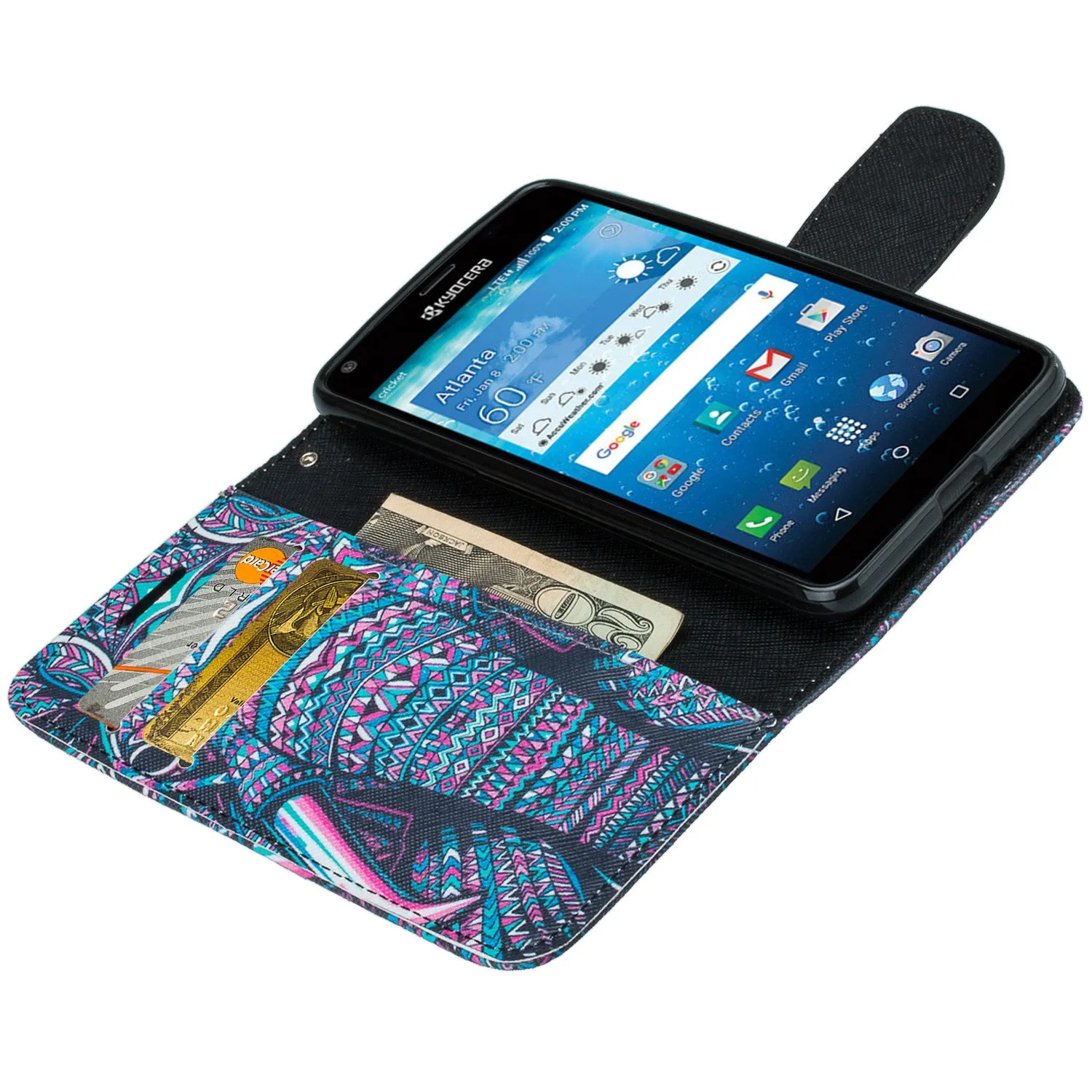 Kyocera Hydro View Wallet Case, Wrist Strap Pu Leather Magnetic Flip Fold[Kickstand] with ID & Card Slots for Kyocera Hydro View - Tribal Elephant