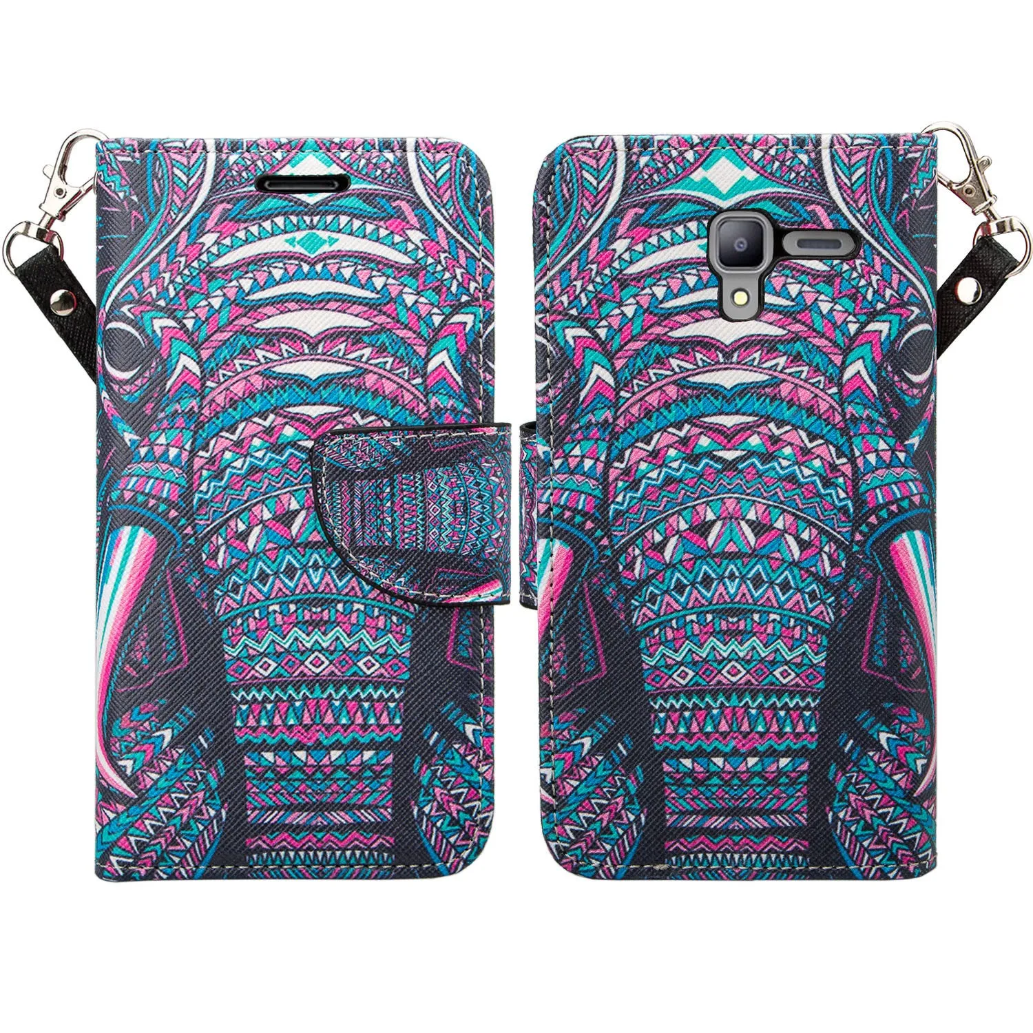 Kyocera Hydro View Wallet Case, Wrist Strap Pu Leather Magnetic Flip Fold[Kickstand] with ID & Card Slots for Kyocera Hydro View - Tribal Elephant